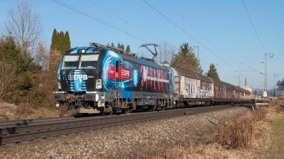 Elektrolokomotive DPB Vectron 6193 186-4 mit einem Güterzug in Freilassing