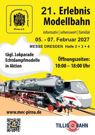 21. Erlebnis Modellbahn in Dresden vom 5. bis 7. Februar 2027 Modelleisenbahnclub Theodor Kunz Pirna